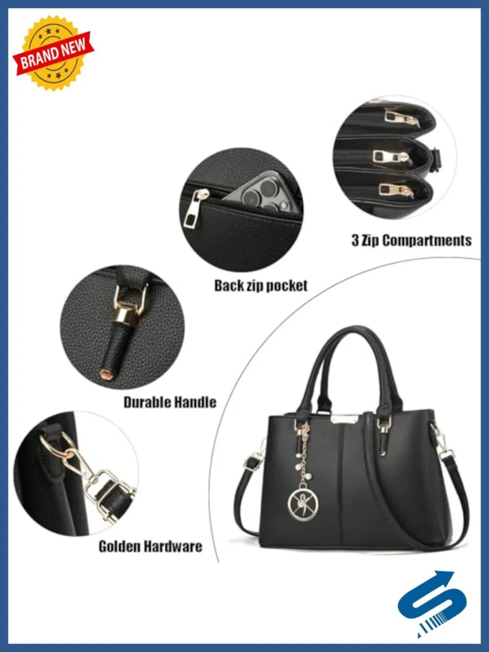 3 Zip Compartments Tote Bag Satchel Shoulder Handbag Top Handle